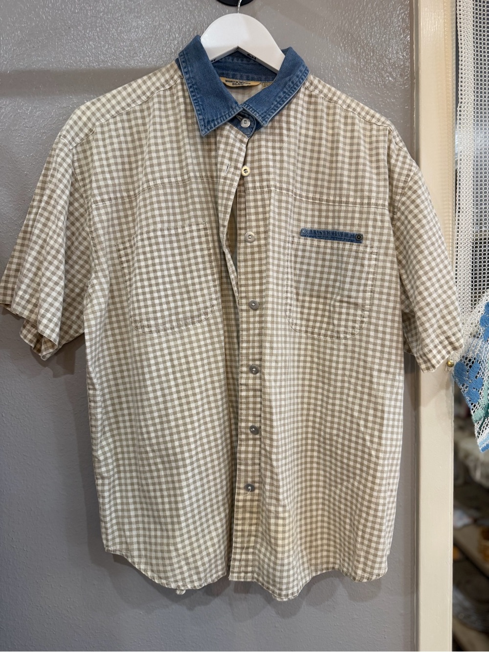 Northwest Blue Beige Gingham Short-Sleeve Shirt with Denim Collar